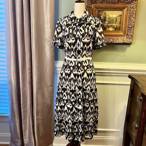 NWOT Talbots Shirt Style Brown White Ikat Print Midi Dress Size 8 - Picture 1 of 2